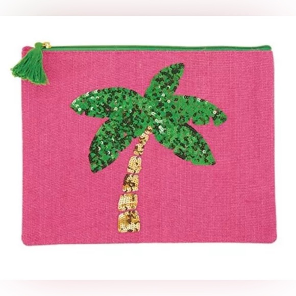 Mud Pie Women’s Fashion Maya Bay Dazzle Jute Pink Carry-All Case (Palm Tree) - Picture 1 of 6